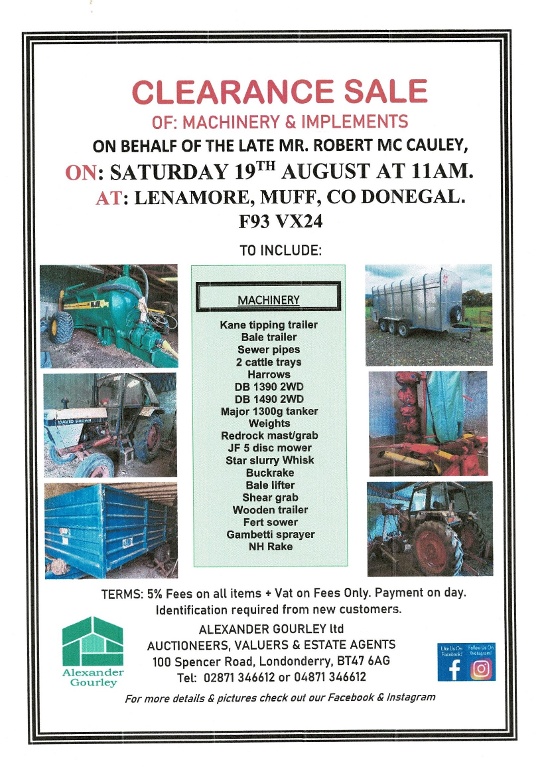 CLEARANCE SALE OF MACHINERY & IMPLEMENTS